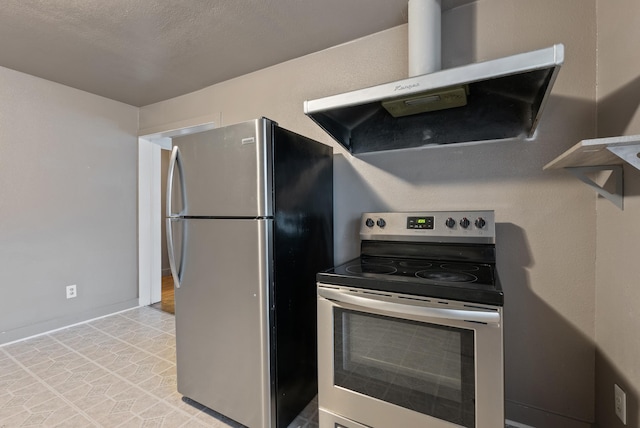 kitchen featuring stainless steel appliances, range hood, and baseboards