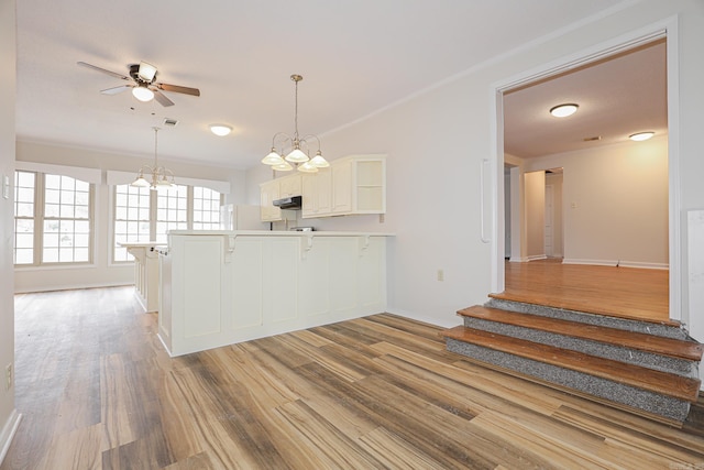 kitchen featuring white cabinets, light wood-style floors, open shelves, and ceiling fan with notable chandelier