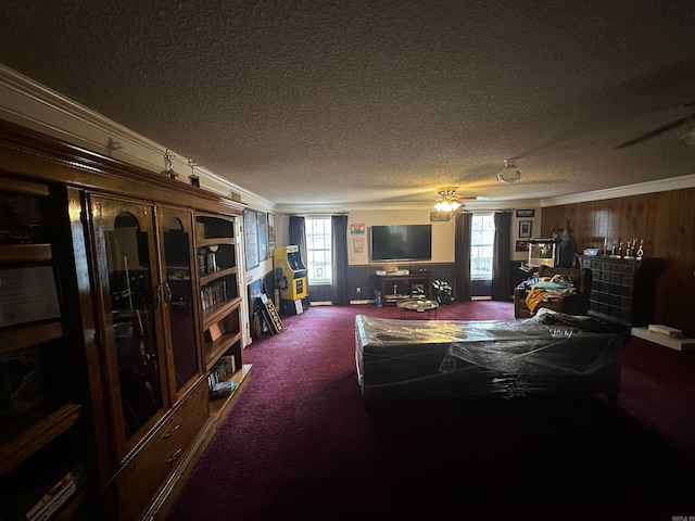 interior space featuring carpet floors, a textured ceiling, ornamental molding, and wainscoting