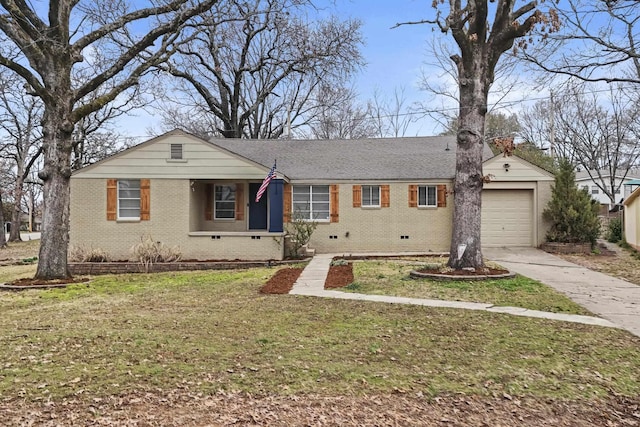 ranch-style house with concrete driveway, brick siding, and a front lawn