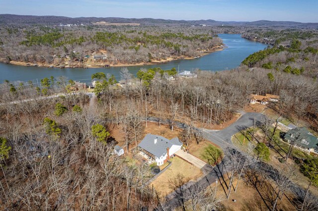 drone / aerial view with a water and mountain view