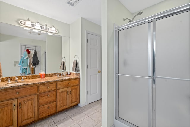 full bath with a stall shower, visible vents, a sink, and tile patterned floors