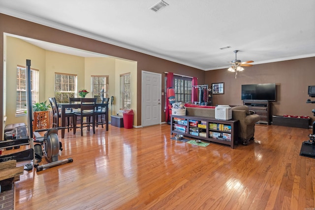 living area featuring ceiling fan, ornamental molding, light wood-type flooring, and visible vents