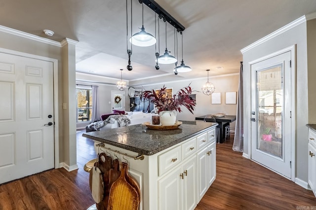 kitchen with white cabinetry, open floor plan, a center island, dark wood-style floors, and pendant lighting