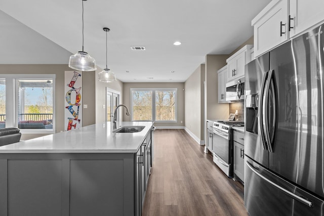 kitchen featuring visible vents, white cabinets, appliances with stainless steel finishes, a kitchen island with sink, and a sink