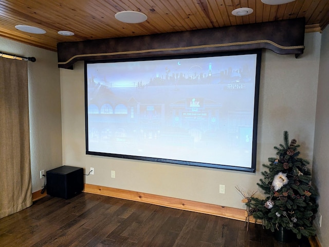 cinema room with dark wood-style floors, wooden ceiling, and baseboards