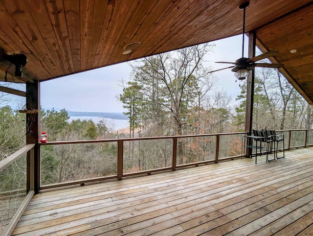 wooden deck featuring a water view and a ceiling fan