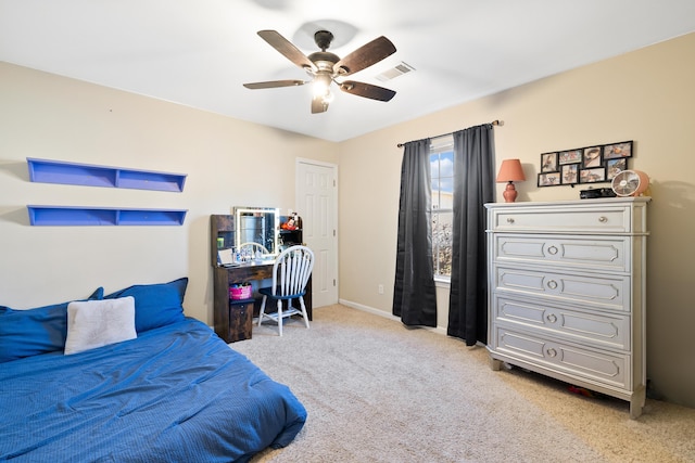 bedroom featuring light colored carpet, visible vents, ceiling fan, and baseboards