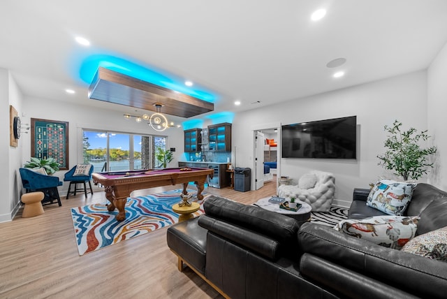 playroom featuring light wood-type flooring, billiards, baseboards, and recessed lighting