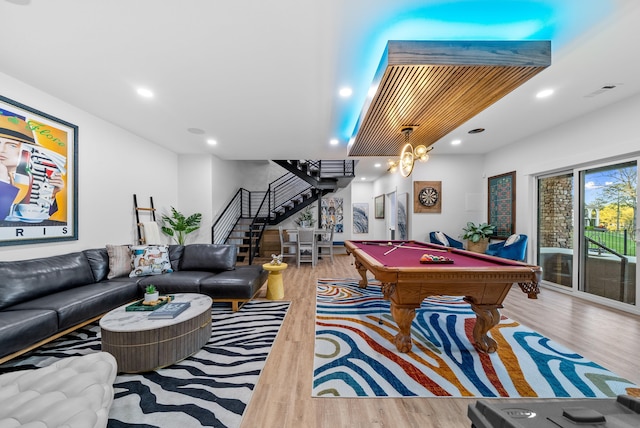 playroom with recessed lighting, pool table, light wood-style flooring, and an inviting chandelier