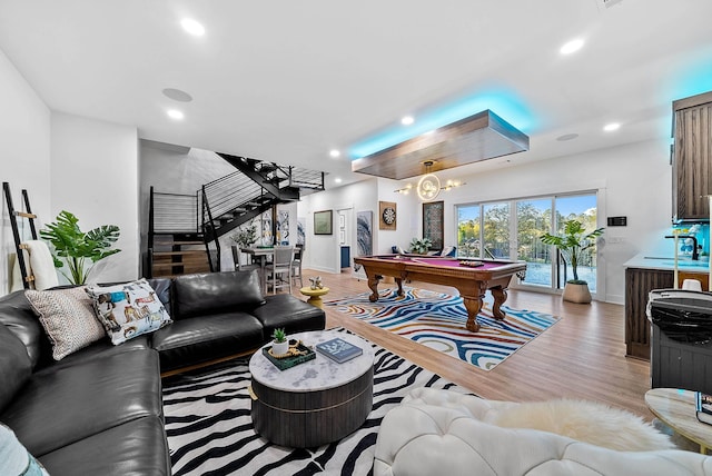 recreation room with baseboards, light wood-type flooring, billiards, and recessed lighting