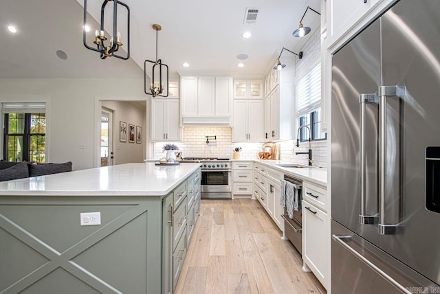 kitchen with light countertops, glass insert cabinets, white cabinets, a sink, and high quality appliances