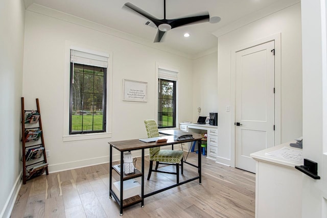 office area featuring ceiling fan, recessed lighting, baseboards, light wood finished floors, and crown molding