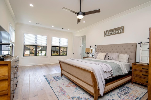 bedroom with light wood finished floors, baseboards, ceiling fan, crown molding, and recessed lighting