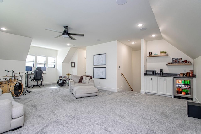 interior space featuring an upstairs landing, recessed lighting, vaulted ceiling, and light colored carpet