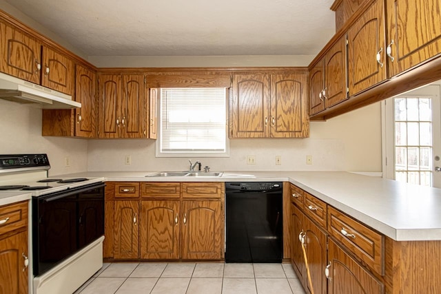 kitchen featuring black dishwasher, white electric range, a peninsula, and light countertops