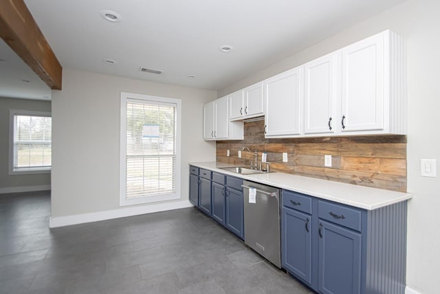 kitchen with blue cabinets, a sink, white cabinets, light countertops, and dishwasher