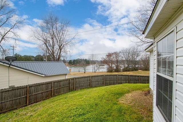 view of yard with a water view and a fenced backyard