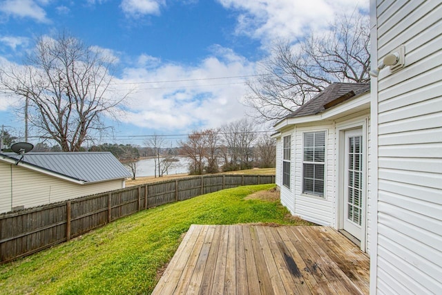 exterior space with a fenced backyard and a deck with water view