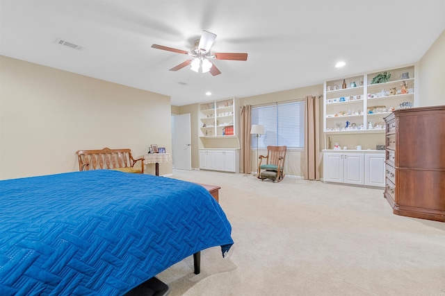 bedroom featuring a ceiling fan, recessed lighting, visible vents, and light colored carpet