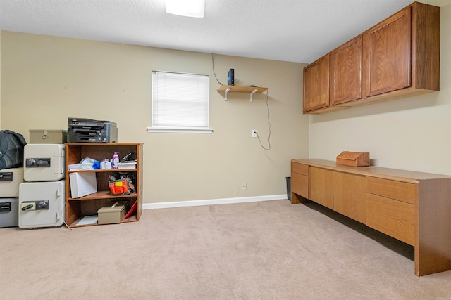 miscellaneous room with baseboards, a textured ceiling, and light colored carpet