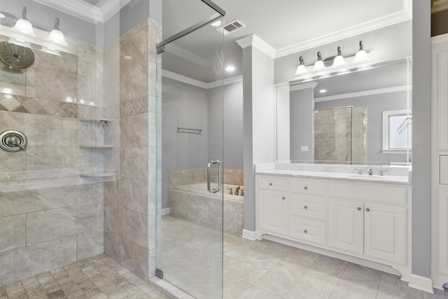 bathroom with a stall shower, visible vents, ornamental molding, tile patterned flooring, and vanity