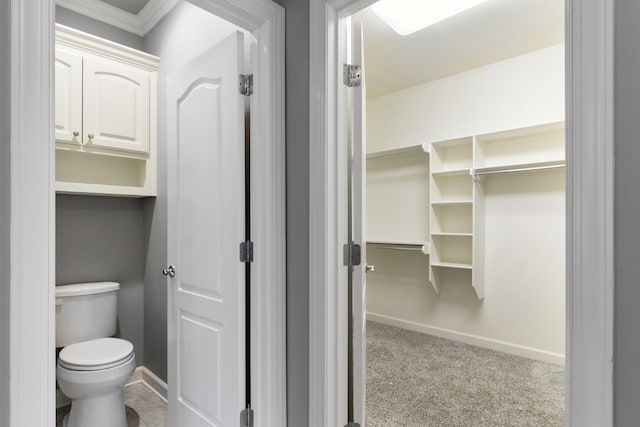 bathroom featuring toilet, a spacious closet, and baseboards