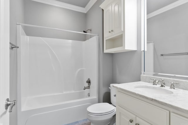 full bath featuring ornamental molding, tub / shower combination, vanity, and toilet