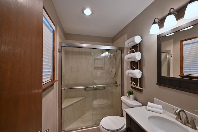 bathroom featuring toilet, a shower stall, and vanity