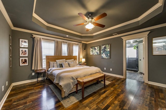 bedroom featuring multiple windows, a raised ceiling, and dark wood finished floors