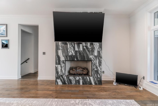 interior details featuring a high end fireplace, crown molding, baseboards, and wood finished floors