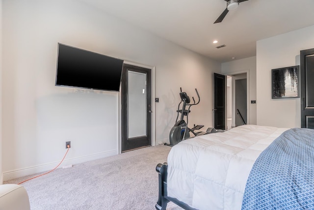 bedroom featuring recessed lighting, light colored carpet, a ceiling fan, baseboards, and visible vents