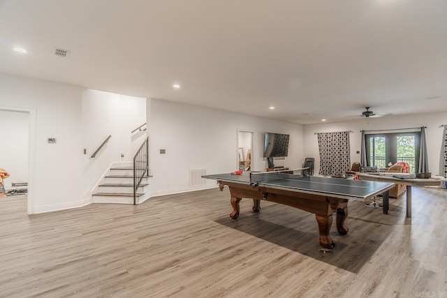 rec room featuring recessed lighting, visible vents, and light wood-style floors