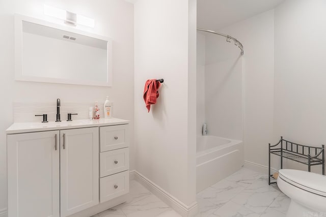 bathroom featuring toilet, shower / bath combination, vanity, baseboards, and marble finish floor