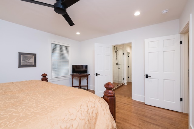 bedroom with recessed lighting, ceiling fan, light wood-style flooring, and baseboards