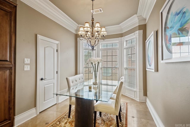 dining room featuring light tile patterned floors, baseboards, visible vents, and crown molding