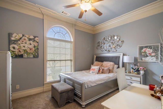 bedroom featuring ornamental molding, visible vents, dark carpet, and ceiling fan