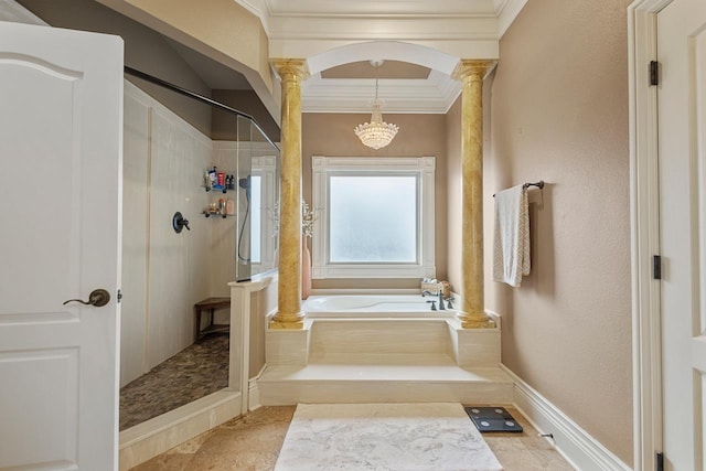 bathroom featuring a bath, ornamental molding, walk in shower, ornate columns, and a notable chandelier