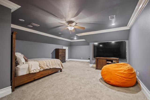 bedroom with light carpet, baseboards, visible vents, and crown molding