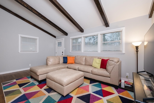 living area featuring light wood-type flooring, vaulted ceiling with beams, and baseboards