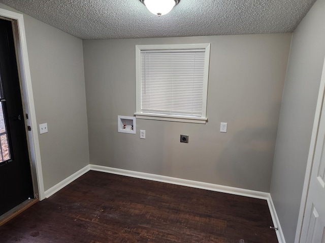 clothes washing area with laundry area, washer hookup, dark wood-style flooring, baseboards, and electric dryer hookup