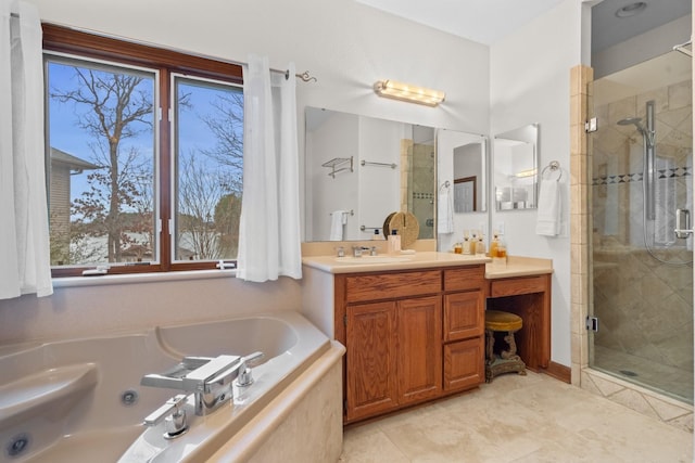 bathroom featuring a jetted tub, tile patterned floors, a shower stall, and vanity