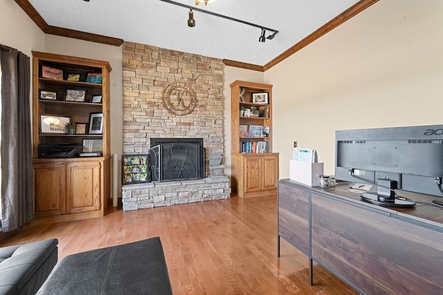office space with light wood finished floors, crown molding, and a stone fireplace
