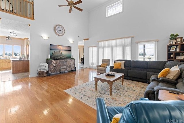 living area with a ceiling fan, a wealth of natural light, light wood-style flooring, and baseboards