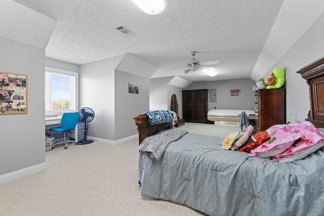 bedroom with light carpet, baseboards, visible vents, a ceiling fan, and vaulted ceiling
