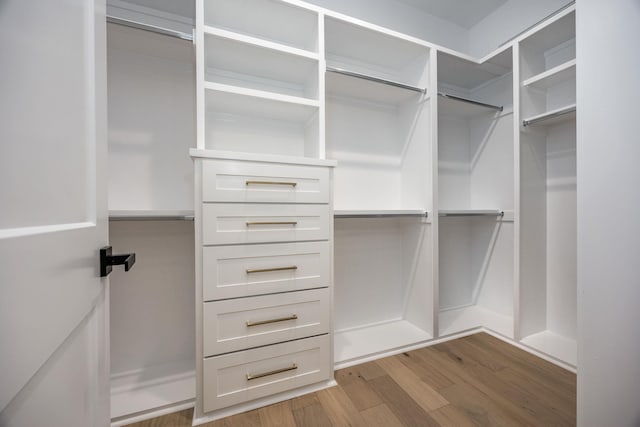 walk in closet with light wood finished floors