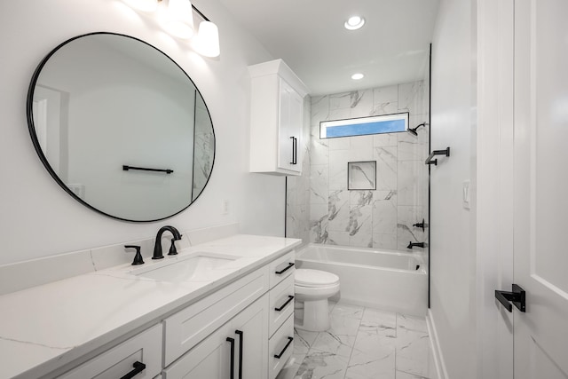 bathroom with toilet, recessed lighting, vanity, marble finish floor, and washtub / shower combination
