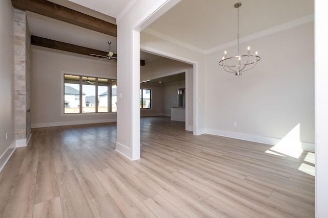 interior space featuring light wood finished floors, baseboards, beamed ceiling, and ceiling fan with notable chandelier