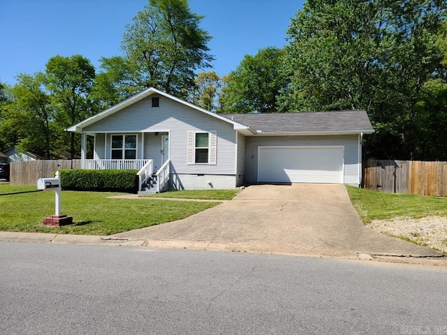 single story home featuring driveway, crawl space, an attached garage, fence, and a front lawn