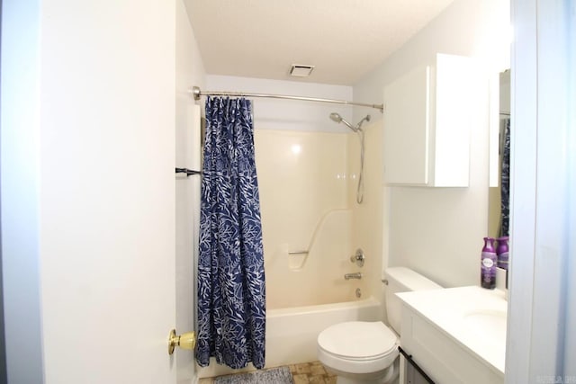 bathroom with shower / bath combo, visible vents, vanity, and toilet